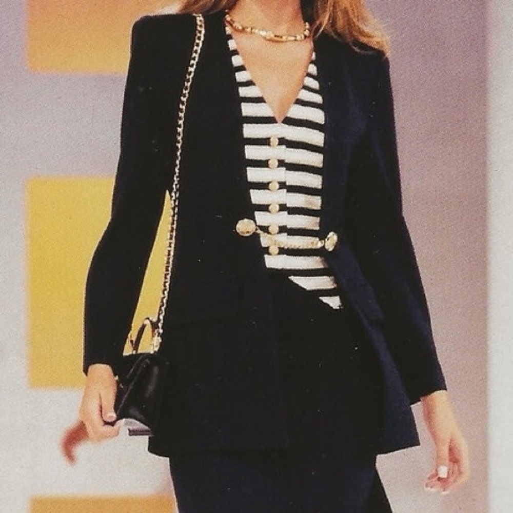 ST. JOHN Santana Knit‎ Striped Vest + Jacket Navy Gold Button + Gold Chain Sz 12